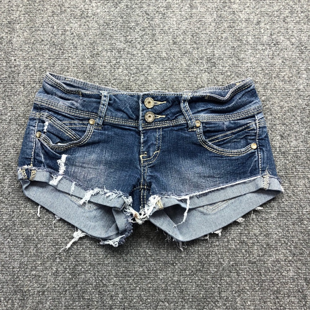 Almost Famous Womens Low Rise Distressed Denim Cut Off Shorts Dark Wash Size 1